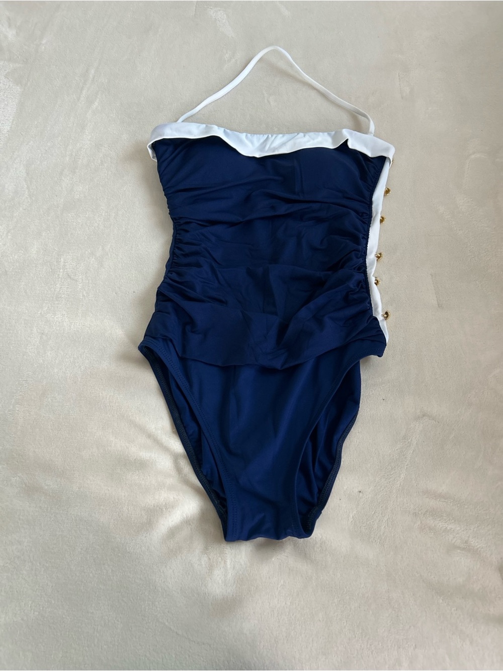 Navy and White Ruched One-Piece Swimsuit for Women